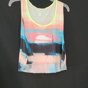 Sweaty Betty Neon-Trim Sunset Print Tank Top - Coral, Blue, Black